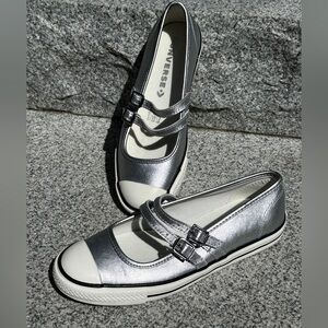 Converse Silver Metallic Mary Jane Flats with White Toe